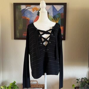 NWT Silver Threaded Black V-neck Lace Up Sweater Size Medium